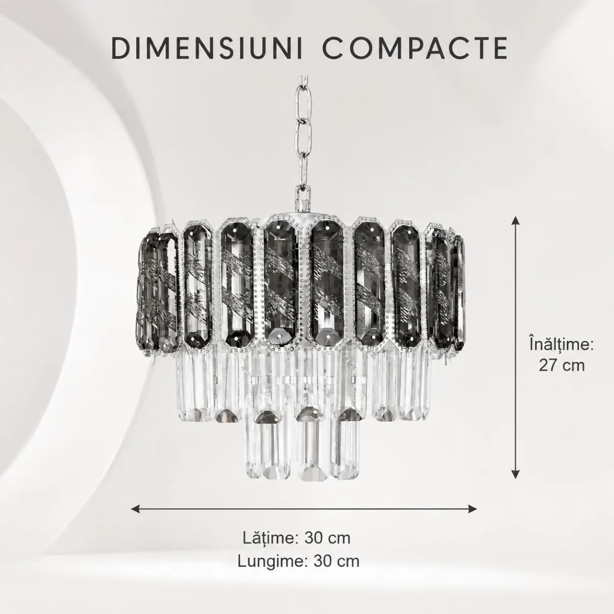 Candelabru Luxury Cristal Fumuriu 30 cm – Cristal K9 Premium și Metal Argintiu, 3 Becuri E27, Design Modern pentru Hol, Living și Dormitor - imagine 5