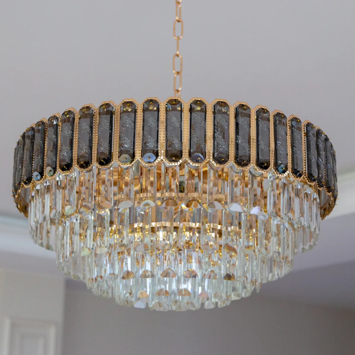 Candelabru Royal Gold Smoke 60 cm – Cristal K9 Fumuriu și Metal Auriu,10 Becuri E27, pentru Living și Dormitor - imagine 2