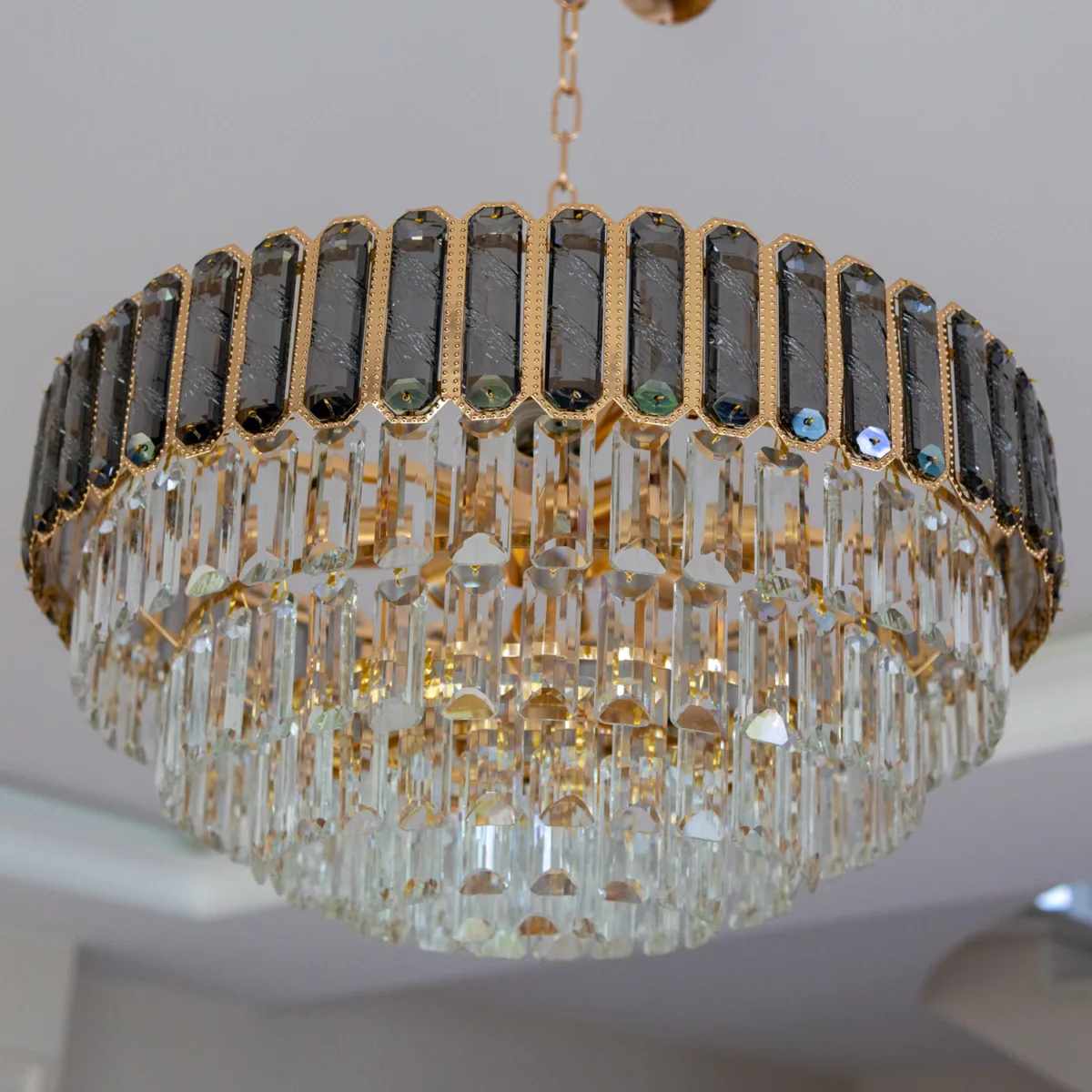 Candelabru Royal Gold Smoke 60 cm – Cristal K9 Fumuriu și Metal Auriu,10 Becuri E27, pentru Living și Dormitor - imagine 9