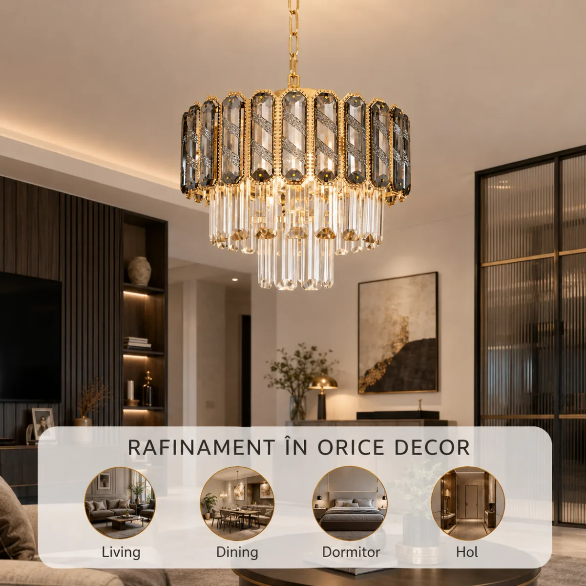 Candelabru Royal Gold Smoke 30 cm – Cristal K9 Fumuriu și Metal Auriu, 3 Becuri E27, pentru Living și Dormitor - imagine 7