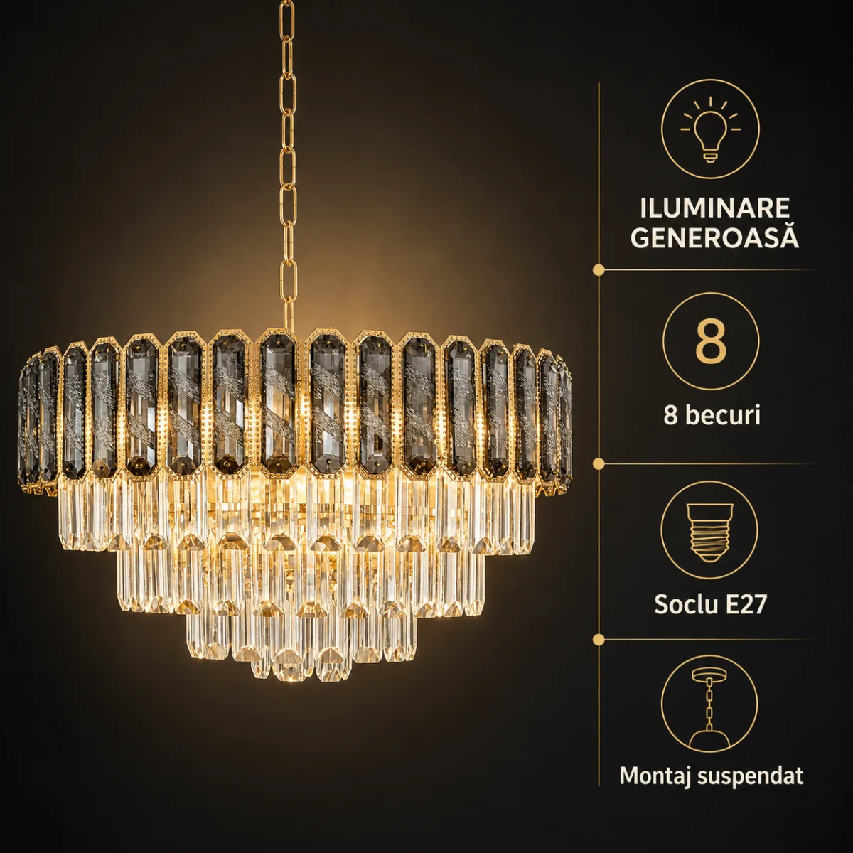 Candelabru Royal Gold Smoke 50 cm – Cristal K9 Fumuriu și Metal Auriu, 8 Becuri E27, pentru Living și Dormitor - imagine 2