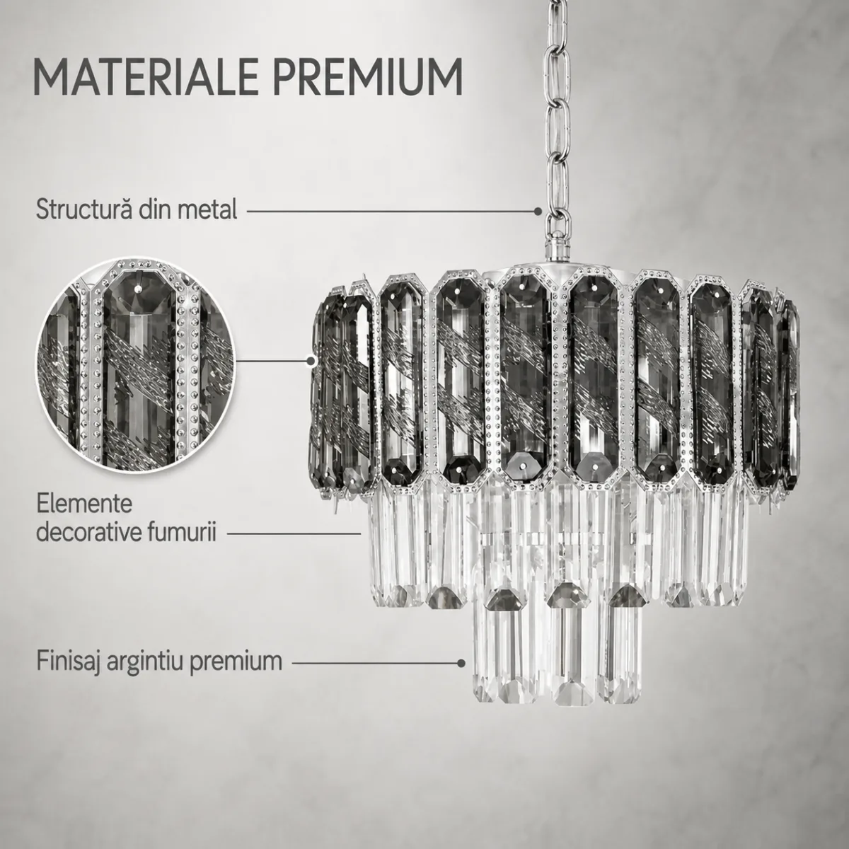 Candelabru Luxury Cristal Fumuriu 30 cm – Cristal K9 Premium și Metal Argintiu, 3 Becuri E27, Design Modern pentru Hol, Living și Dormitor - imagine 6