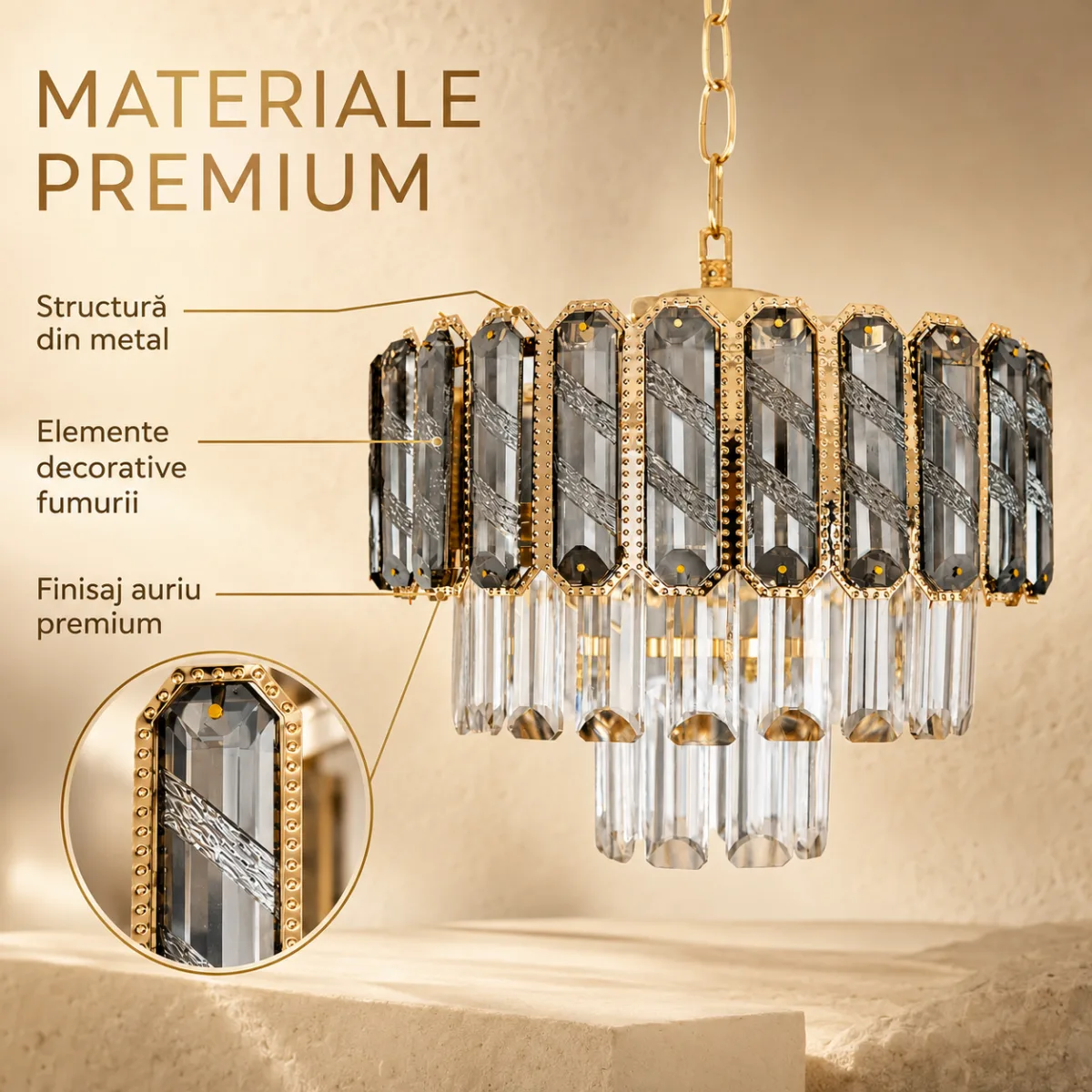 Candelabru Royal Gold Smoke 30 cm – Cristal K9 Fumuriu și Metal Auriu, 3 Becuri E27, pentru Living și Dormitor - imagine 5