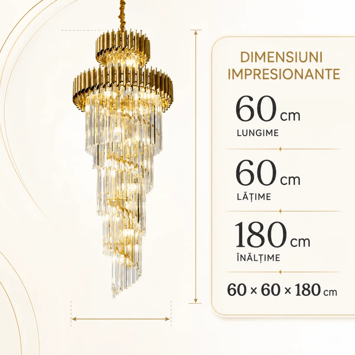 Candelabru Cristal Golden Majesty 60×180 cm – 18 Becuri E27, Design Etajat pentru Spații Impunătoare - imagine 4