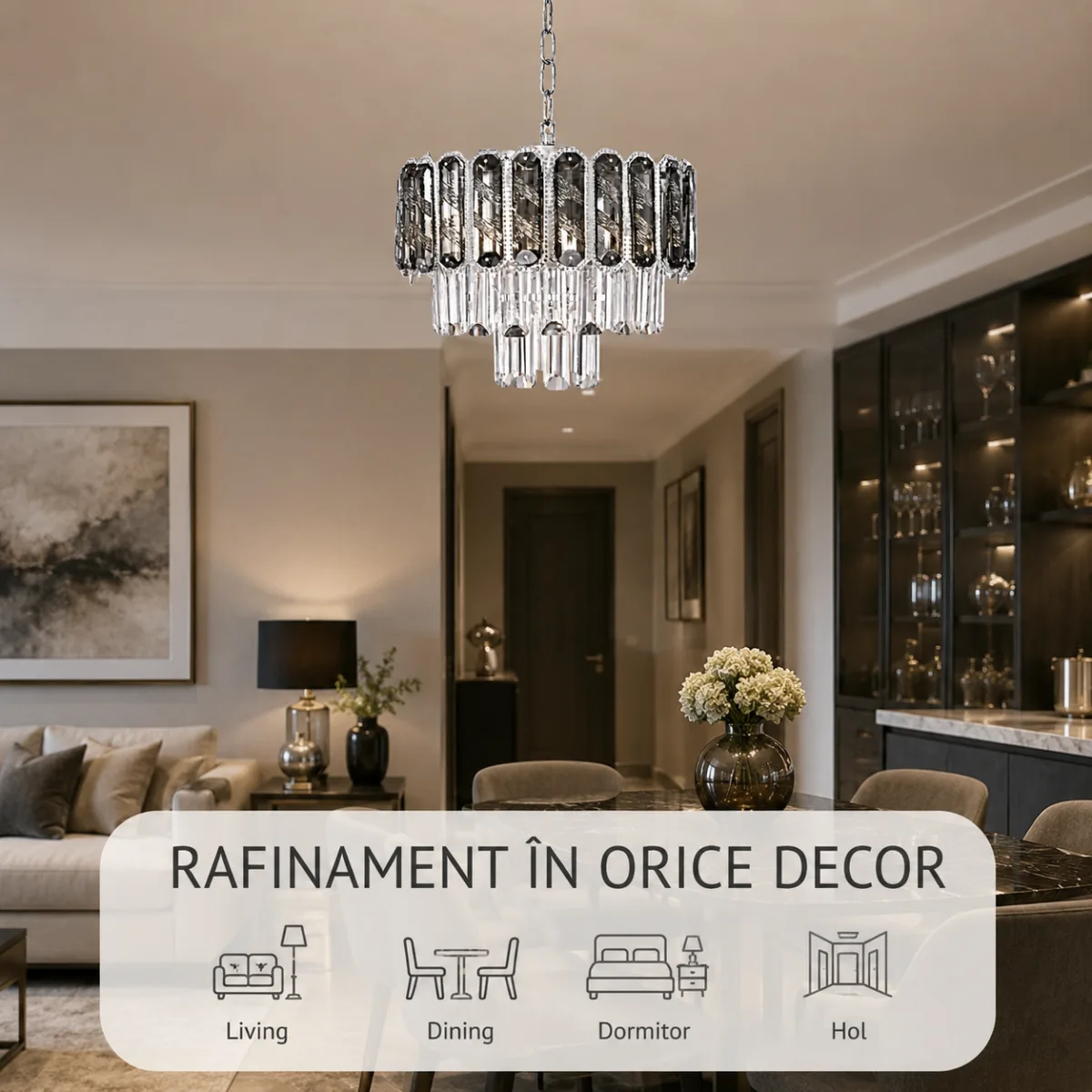 Candelabru Luxury Cristal Fumuriu 30 cm – Cristal K9 Premium și Metal Argintiu, 3 Becuri E27, Design Modern pentru Hol, Living și Dormitor - imagine 7