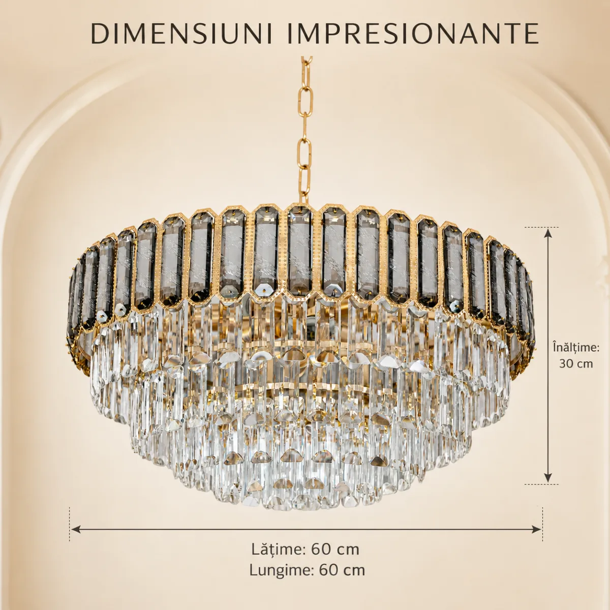 Candelabru Royal Gold Smoke 60 cm – Cristal K9 Fumuriu și Metal Auriu,10 Becuri E27, pentru Living și Dormitor - imagine 4