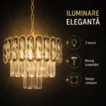 Candelabru Royal Gold Smoke 30 cm – Cristal K9 Fumuriu și Metal Auriu, 3 Becuri E27, pentru Living și Dormitor - imagine 6