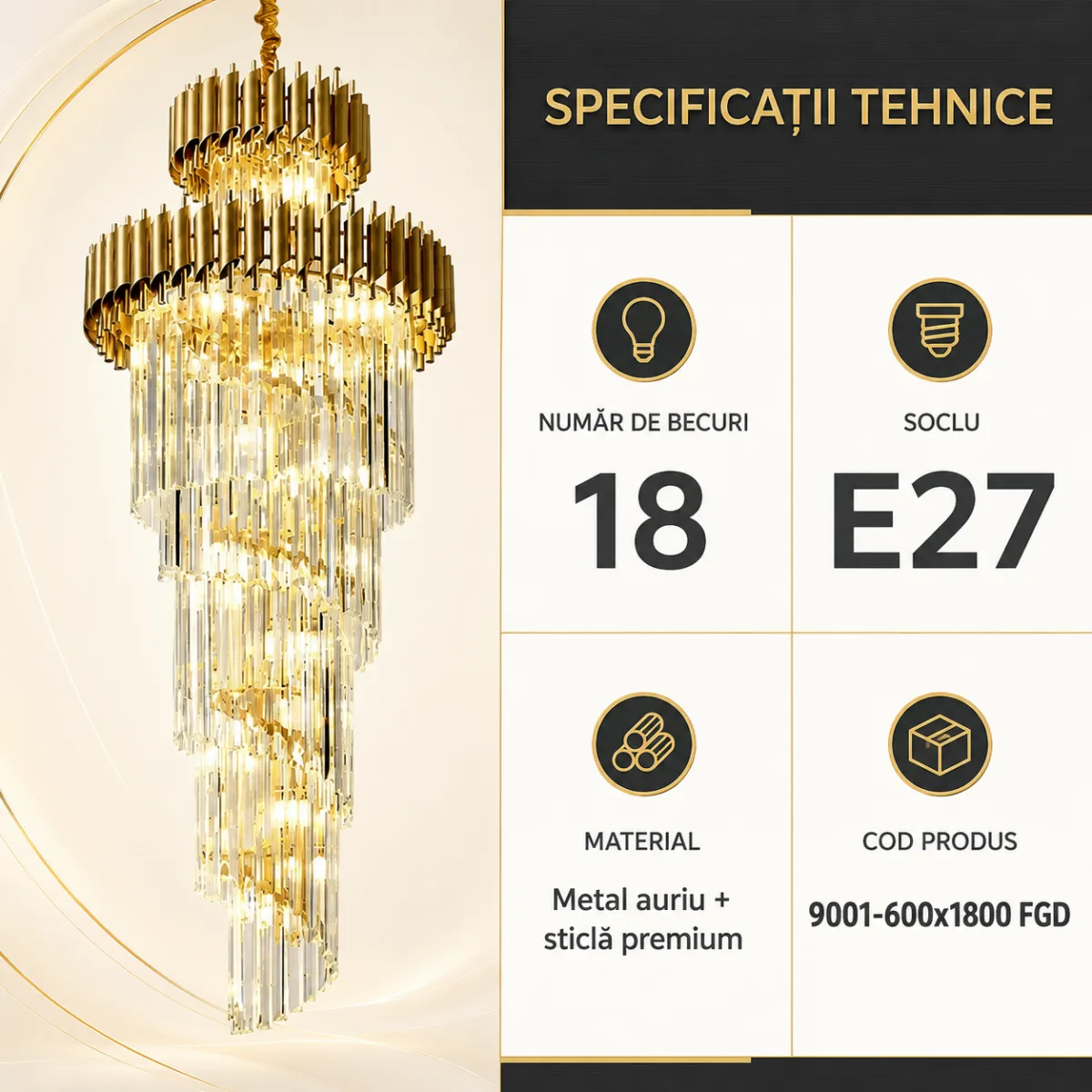 Candelabru Cristal Golden Majesty 60×180 cm – 18 Becuri E27, Design Etajat pentru Spații Impunătoare - imagine 6