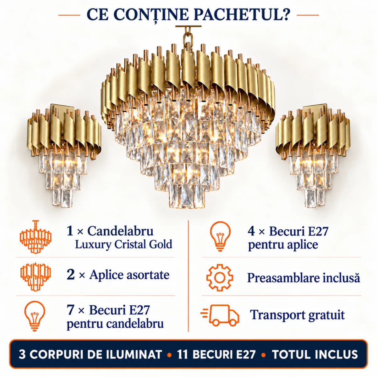 Pachet Premium Luxury Cristal Gold – Candelabru + 2 Aplice - imagine 5