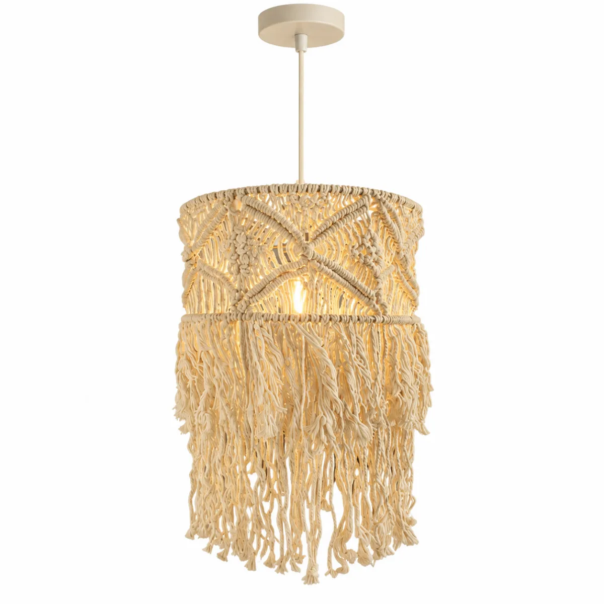 Pendul Boho Macramé din Bumbac Crem 30 cm, cu Franjuri Împletite – 1 Sursă E27 - imagine 2