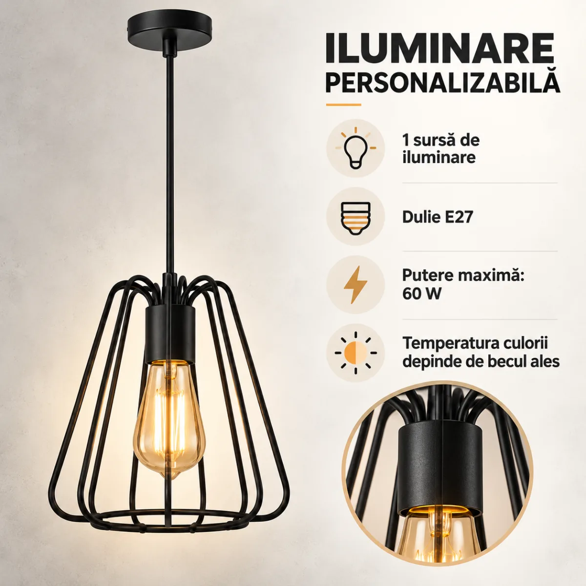 Pendul Industrial Black Bloom 21,5 – Design Metalic Sculptural, 1 Sursă E27 - imagine 5
