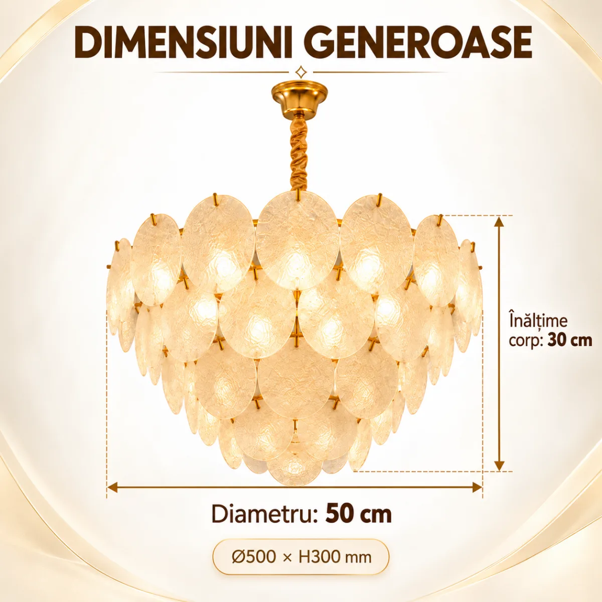 Candelabru Golden Petals 50 cm – Sticlă Mată Texturată și Finisaj Auriu Premium, 8 Surse E27, Design Elegant pentru Living și Dormitor - imagine 3