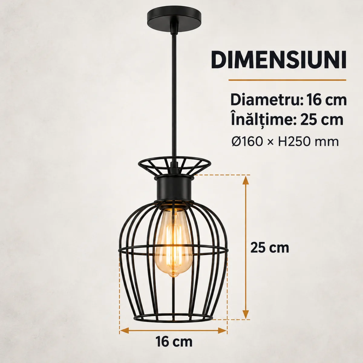 Pendul Industrial Black Lantern 25 cm – Abajur Metalic tip Colivie, 1 Sursă E27 - imagine 4