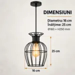 Pendul Industrial Black Lantern 25 cm – Abajur Metalic tip Colivie, 1 Sursă E27 - imagine 4