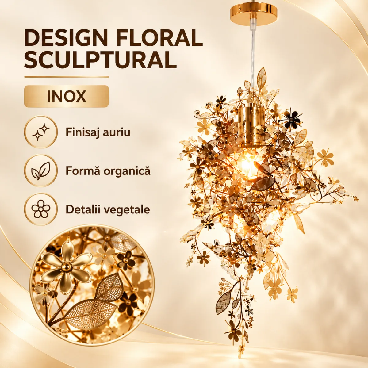 Pendul Botanical Gold 50 cm – Design Floral Sculptural cu Frunze Aurii, 1 Sursă E27 - imagine 4