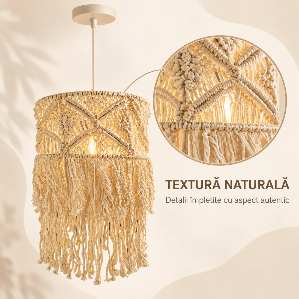 Pendul Boho Macramé din Bumbac Crem 30 cm, cu Franjuri Împletite – 1 Sursă E27 - imagine 4