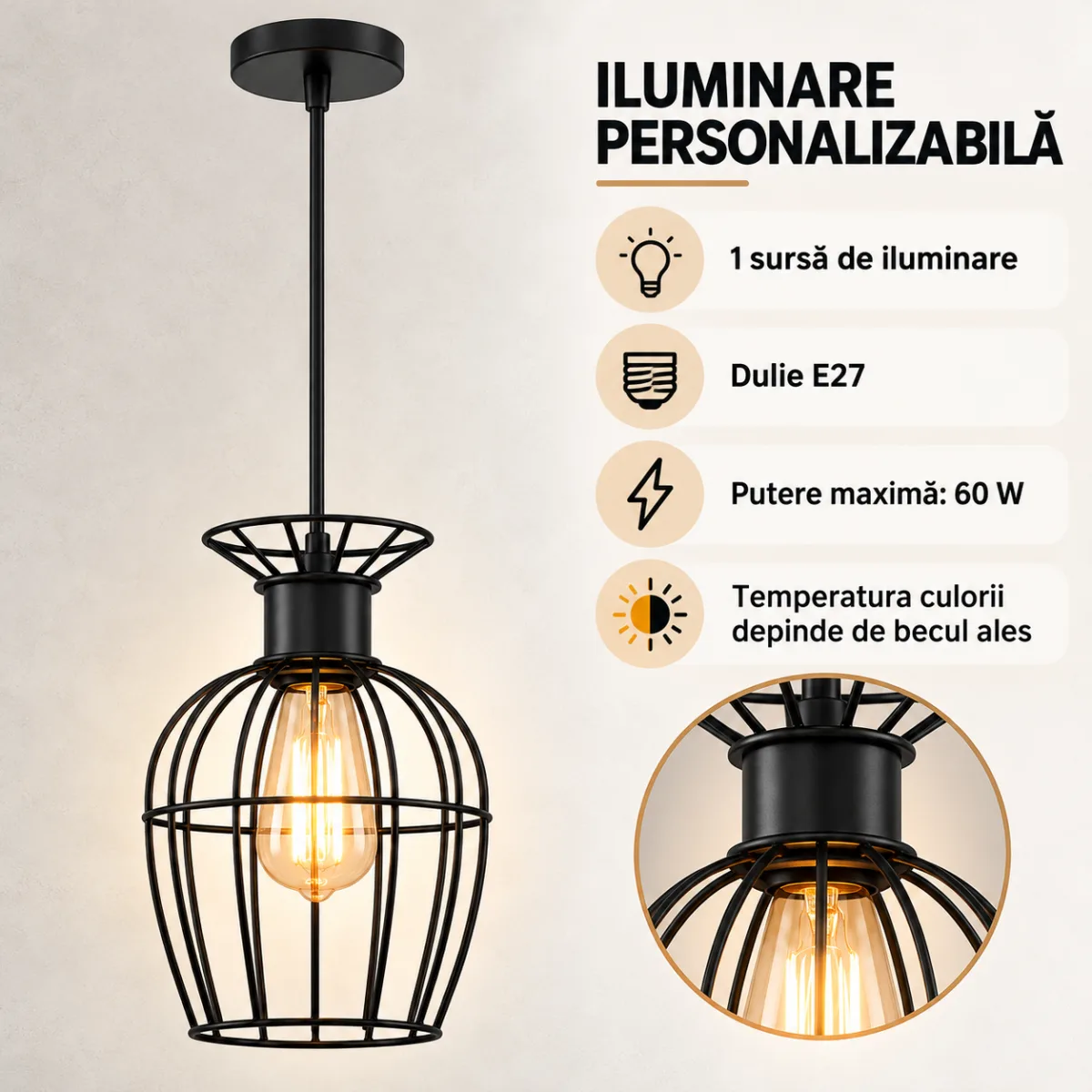 Pendul Industrial Black Lantern 25 cm – Abajur Metalic tip Colivie, 1 Sursă E27 - imagine 5