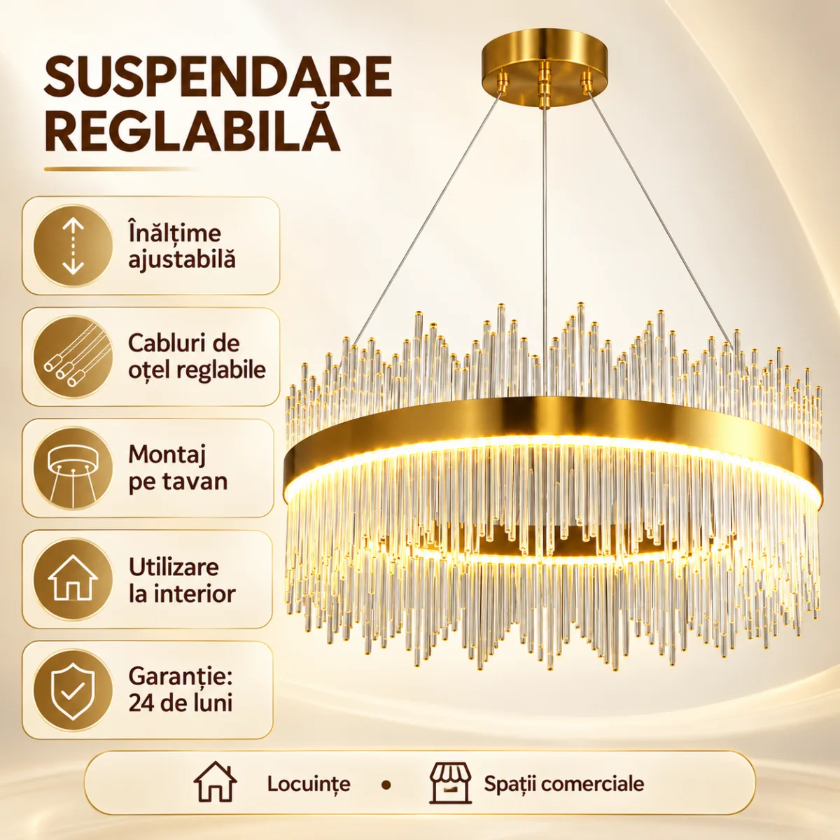 Candelabru Golden Rain 60 cm – Cristale Premium în Cascadă, Iluminare LED și Finisaj Auriu Elegant, Ideal pentru Living, Dining și Dormitor - imagine 6