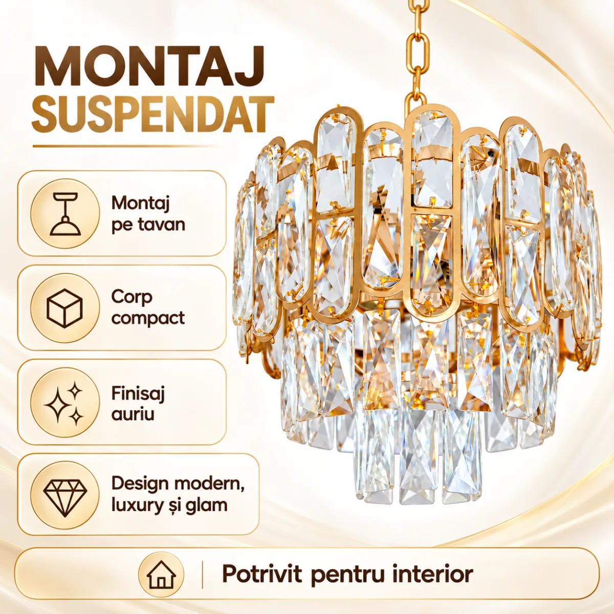 Candelabru Diamond Glow Gold 30 cm – Cristale K9 Transparente și Metal Auriu, 3 Surse E27, Design Elegant pentru Hol și Dormitor - imagine 5