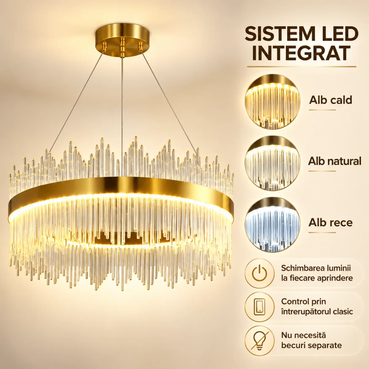 Candelabru Golden Rain 60 cm – Cristale Premium în Cascadă, Iluminare LED și Finisaj Auriu Elegant, Ideal pentru Living, Dining și Dormitor - imagine 5