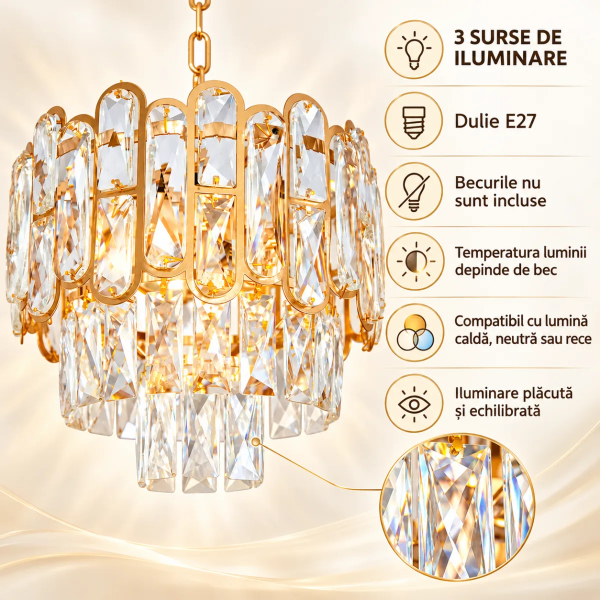 Candelabru Diamond Glow Gold 30 cm – Cristale K9 Transparente și Metal Auriu, 3 Surse E27, Design Elegant pentru Hol și Dormitor - imagine 4
