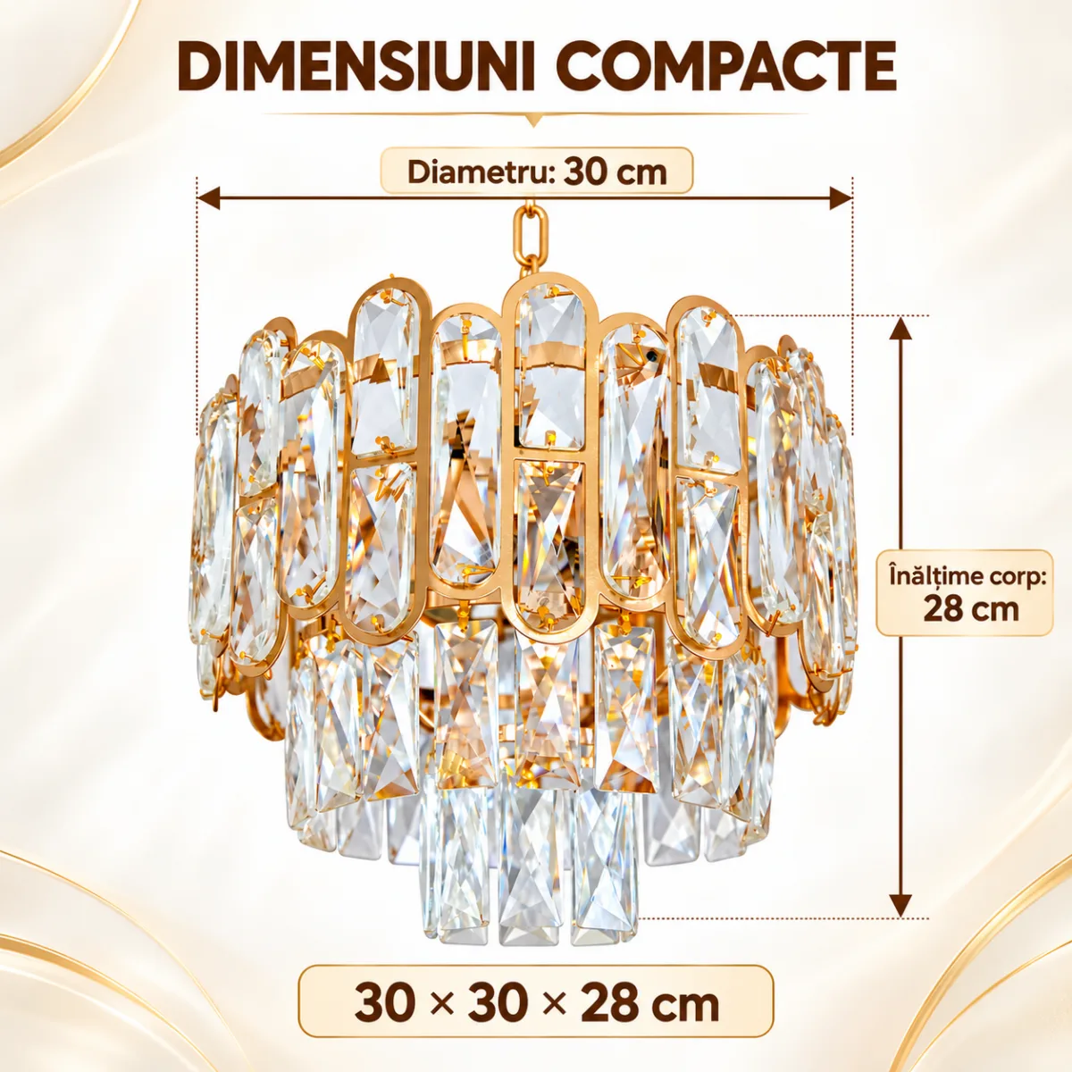 Candelabru Diamond Glow Gold 30 cm – Cristale K9 Transparente și Metal Auriu, 3 Surse E27, Design Elegant pentru Hol și Dormitor - imagine 7