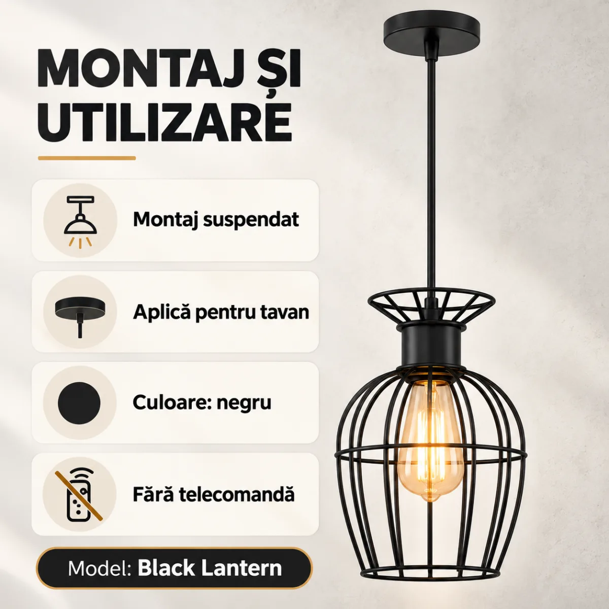 Pendul Industrial Black Lantern 25 cm – Abajur Metalic tip Colivie, 1 Sursă E27 - imagine 6