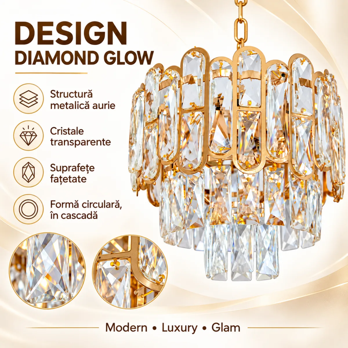 Candelabru Diamond Glow Gold 30 cm – Cristale K9 Transparente și Metal Auriu, 3 Surse E27, Design Elegant pentru Hol și Dormitor - imagine 6