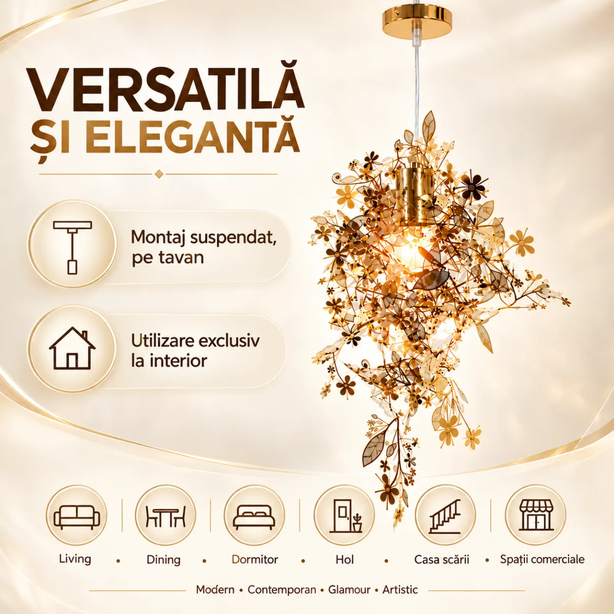 Pendul Botanical Gold 50 cm – Design Floral Sculptural cu Frunze Aurii, 1 Sursă E27 - imagine 6