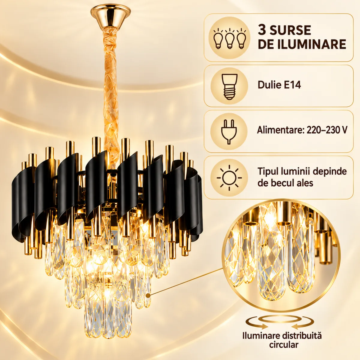 Candelabru Luxury Black Diamond 30 cm – Cristal K9 Premium și Metal Negru-Auriu, 3 Surse E14, Design Elegant pentru Hol și Dormitor - imagine 6