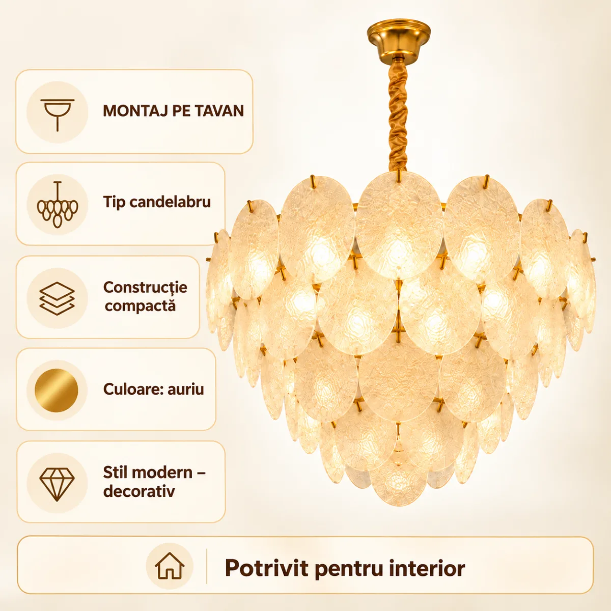 Candelabru Golden Petals 50 cm – Sticlă Mată Texturată și Finisaj Auriu Premium, 8 Surse E27, Design Elegant pentru Living și Dormitor - imagine 6