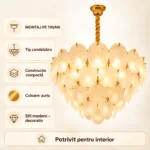 Candelabru Golden Petals 50 cm – Sticlă Mată Texturată și Finisaj Auriu Premium, 8 Surse E27, Design Elegant pentru Living și Dormitor - imagine 6