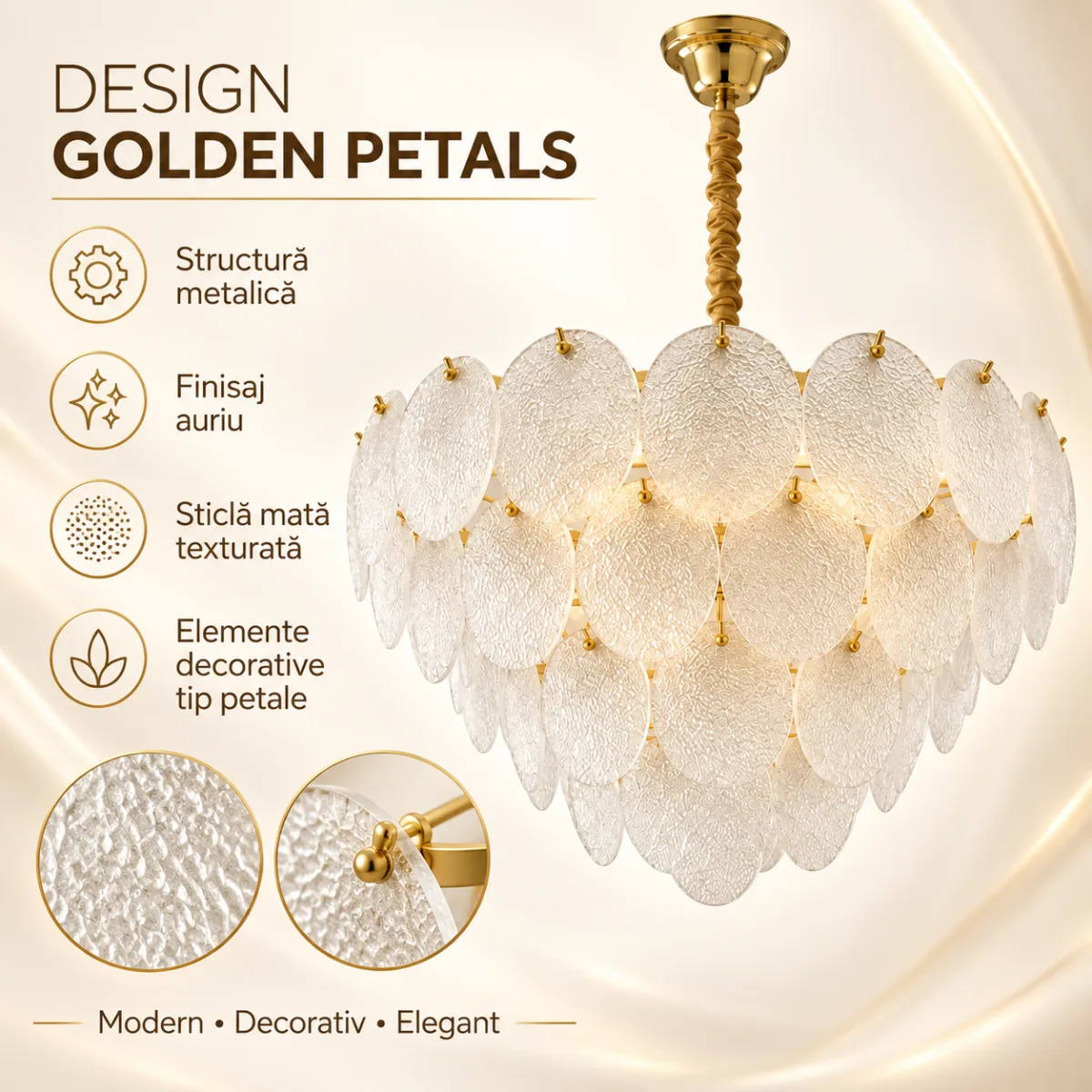 Candelabru Golden Petals 60 cm – Sticlă Mată Texturată și Finisaj Auriu Premium, 10 Surse E27, Design Luxury pentru Living și Dining - imagine 3