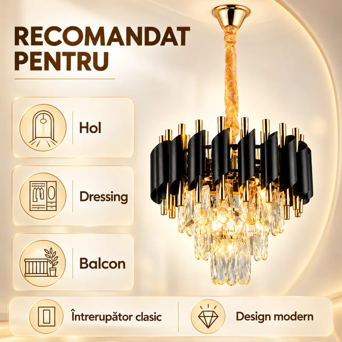 Candelabru Luxury Black Diamond 30 cm – Cristal K9 Premium și Metal Negru-Auriu, 3 Surse E14, Design Elegant pentru Hol și Dormitor - imagine 5