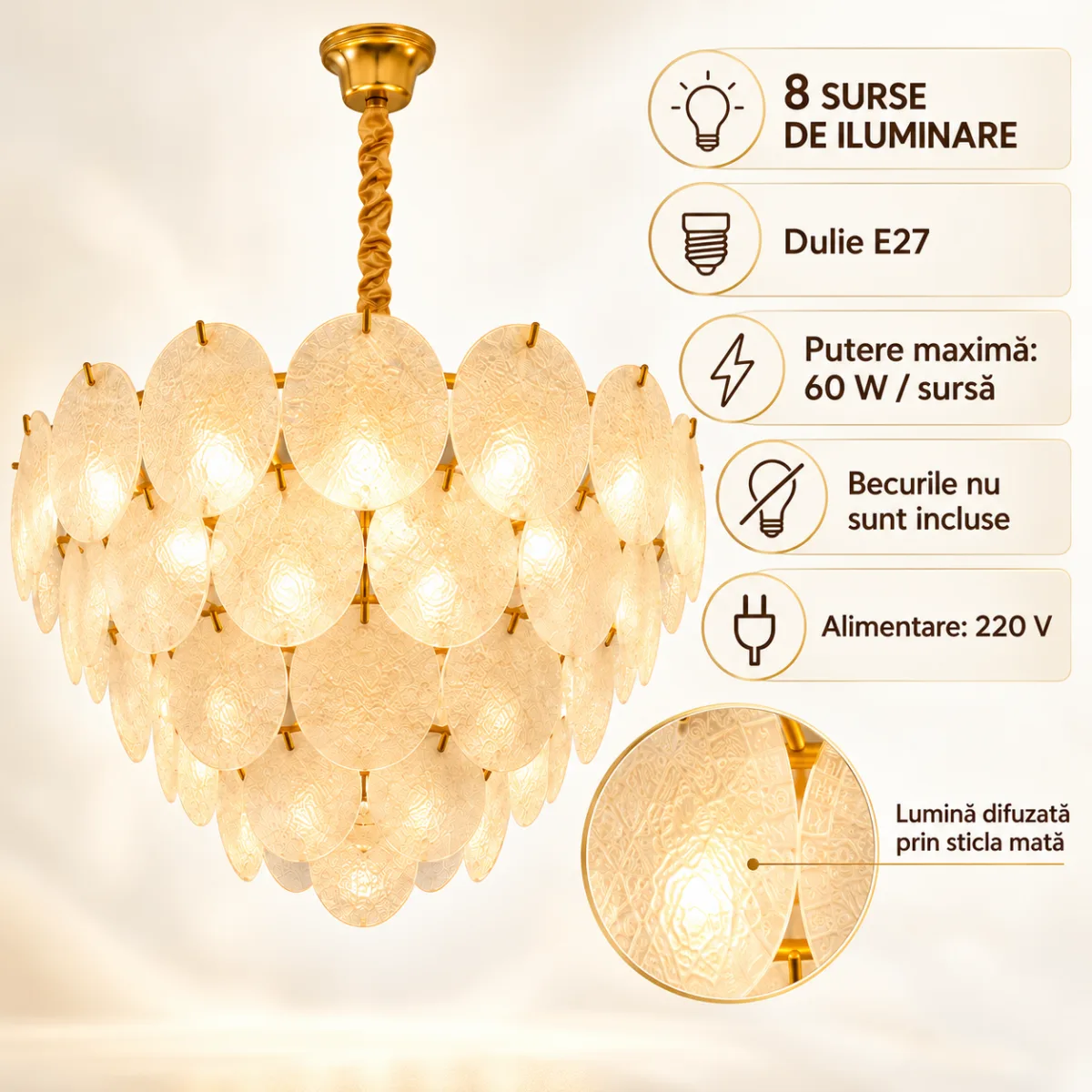 Candelabru Golden Petals 50 cm – Sticlă Mată Texturată și Finisaj Auriu Premium, 8 Surse E27, Design Elegant pentru Living și Dormitor - imagine 4