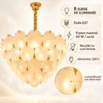 Candelabru Golden Petals 50 cm – Sticlă Mată Texturată și Finisaj Auriu Premium, 8 Surse E27, Design Elegant pentru Living și Dormitor - imagine 4