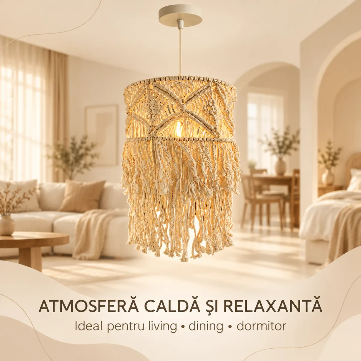 Pendul Boho Macramé din Bumbac Crem 30 cm, cu Franjuri Împletite – 1 Sursă E27 - imagine 6