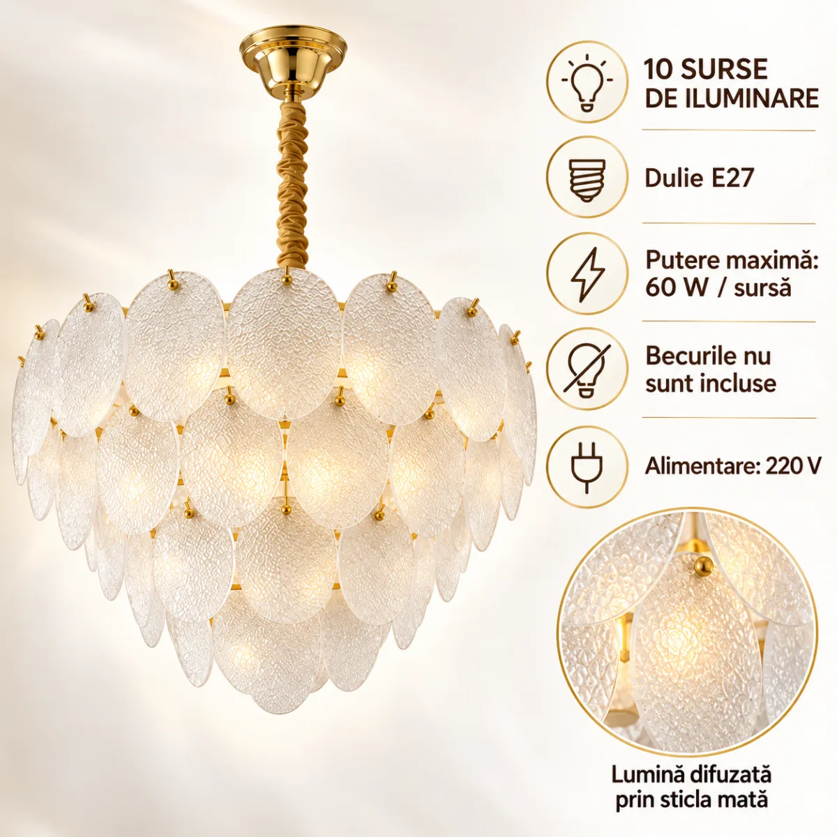 Candelabru Golden Petals 60 cm – Sticlă Mată Texturată și Finisaj Auriu Premium, 10 Surse E27, Design Luxury pentru Living și Dining - imagine 6