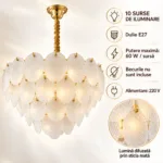 Candelabru Golden Petals 60 cm – Sticlă Mată Texturată și Finisaj Auriu Premium, 10 Surse E27, Design Luxury pentru Living și Dining - imagine 6