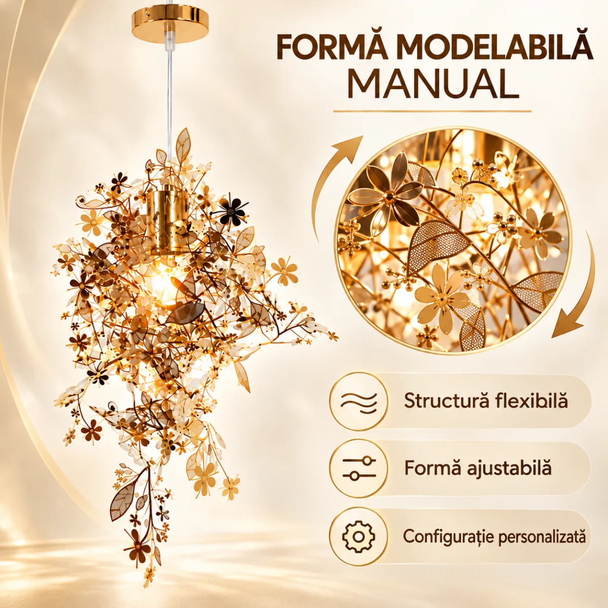 Pendul Botanical Gold 50 cm – Design Floral Sculptural cu Frunze Aurii, 1 Sursă E27 - imagine 5