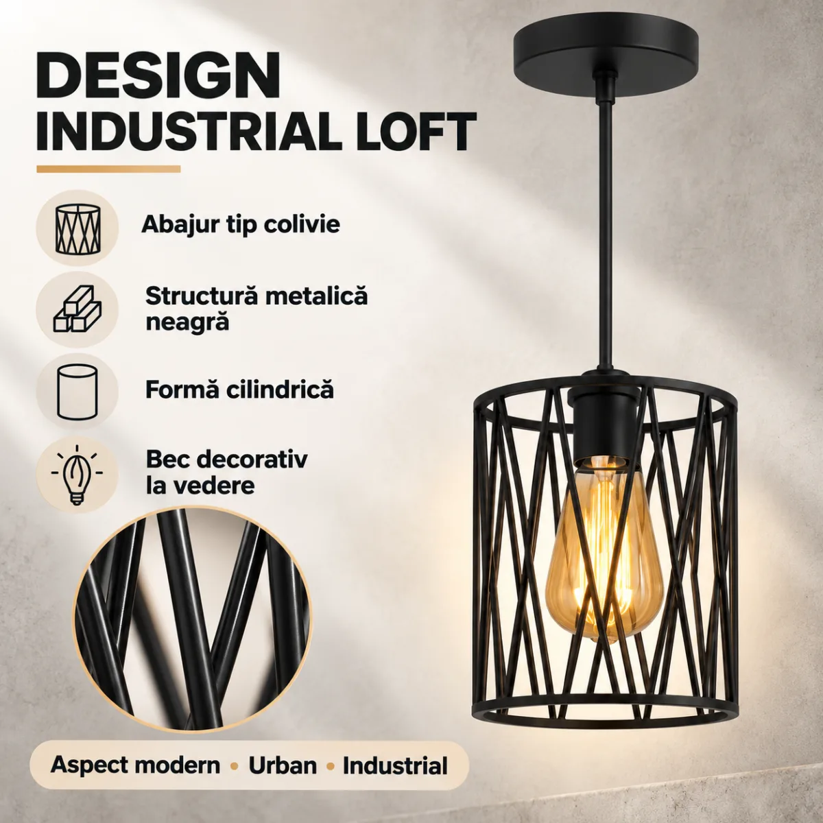 Pendul Industrial Loft Cage Negru 14 cm – Abajur Metalic Geometric, 1 Sursă E27 - imagine 3