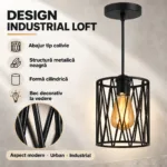 Pendul Industrial Loft Cage Negru 14 cm – Abajur Metalic Geometric, 1 Sursă E27 - imagine 3