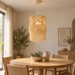 Pendul Boho Macramé din Bumbac Crem 30 cm, cu Franjuri Împletite – 1 Sursă E27