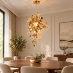 Pendul Botanical Gold 50 cm – Design Floral Sculptural cu Frunze Aurii, 1 Sursă E27