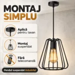Pendul Industrial Black Bloom 21,5 – Design Metalic Sculptural, 1 Sursă E27 - imagine 6
