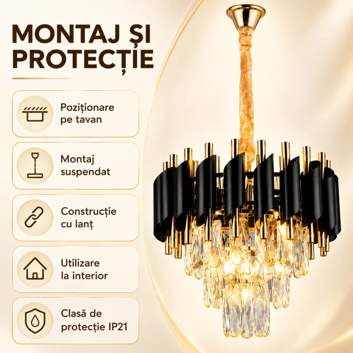 Candelabru Luxury Black Diamond 30 cm – Cristal K9 Premium și Metal Negru-Auriu, 3 Surse E14, Design Elegant pentru Hol și Dormitor - imagine 4