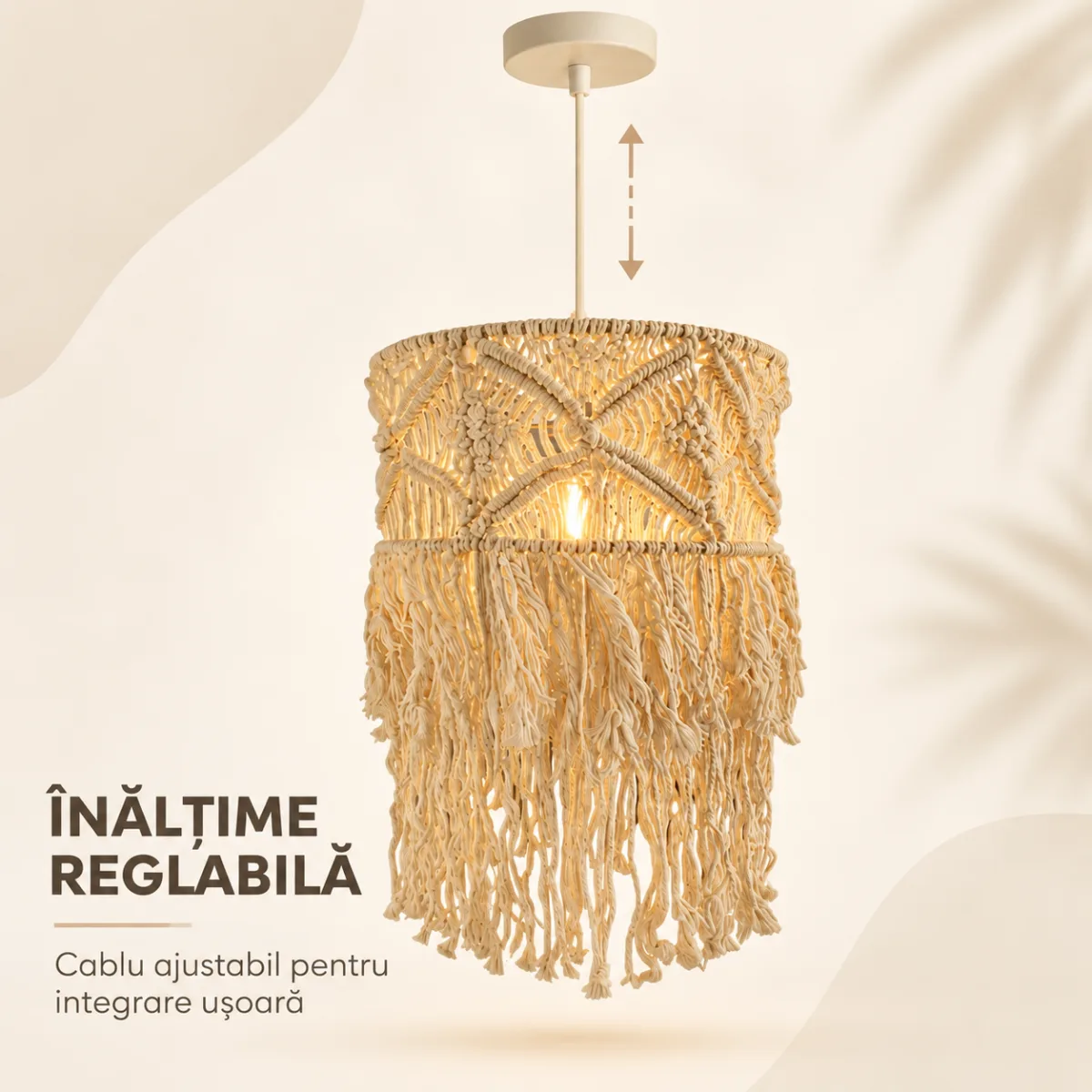 Pendul Boho Macramé din Bumbac Crem 30 cm, cu Franjuri Împletite – 1 Sursă E27 - imagine 5