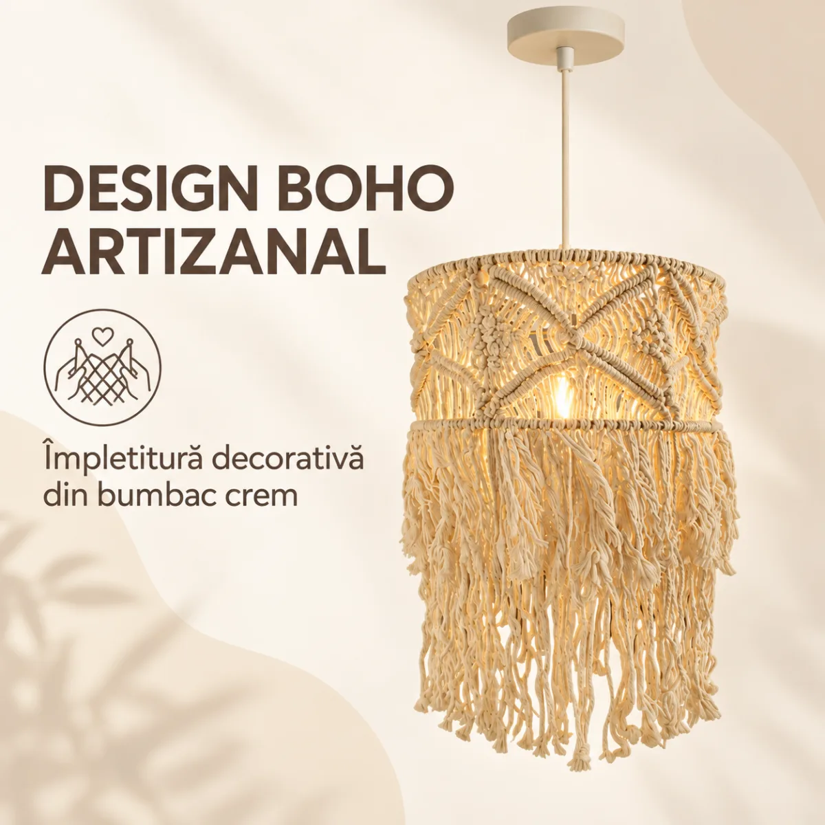 Pendul Boho Macramé din Bumbac Crem 30 cm, cu Franjuri Împletite – 1 Sursă E27 - imagine 3