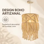 Pendul Boho Macramé din Bumbac Crem 30 cm, cu Franjuri Împletite – 1 Sursă E27 - imagine 3