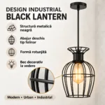 Pendul Industrial Black Lantern 25 cm – Abajur Metalic tip Colivie, 1 Sursă E27 - imagine 3